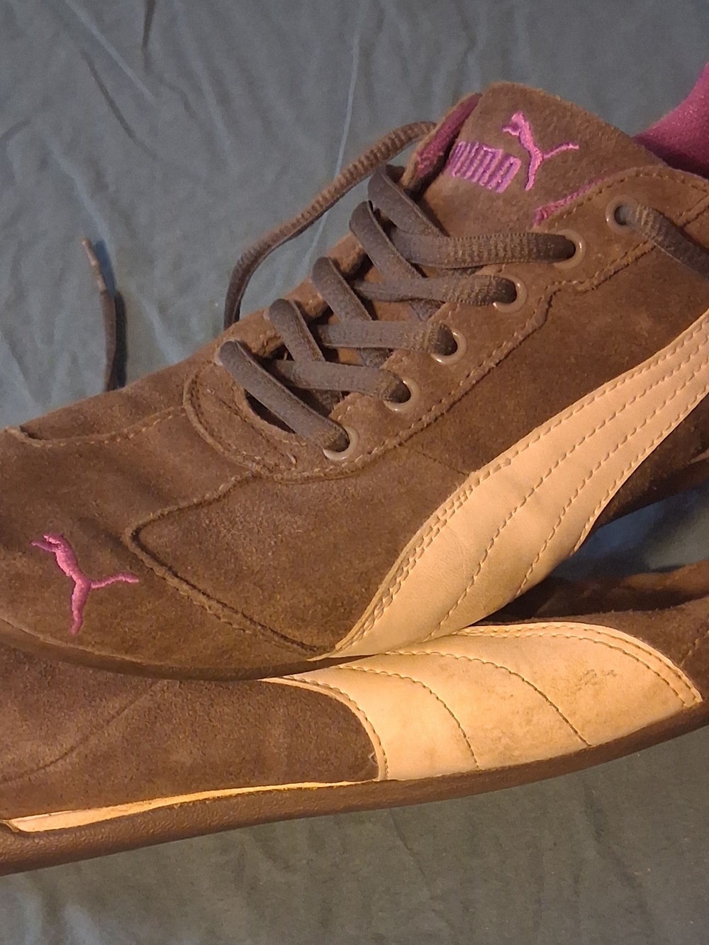 Puma Grey Suede Sneakers with Pink Accents